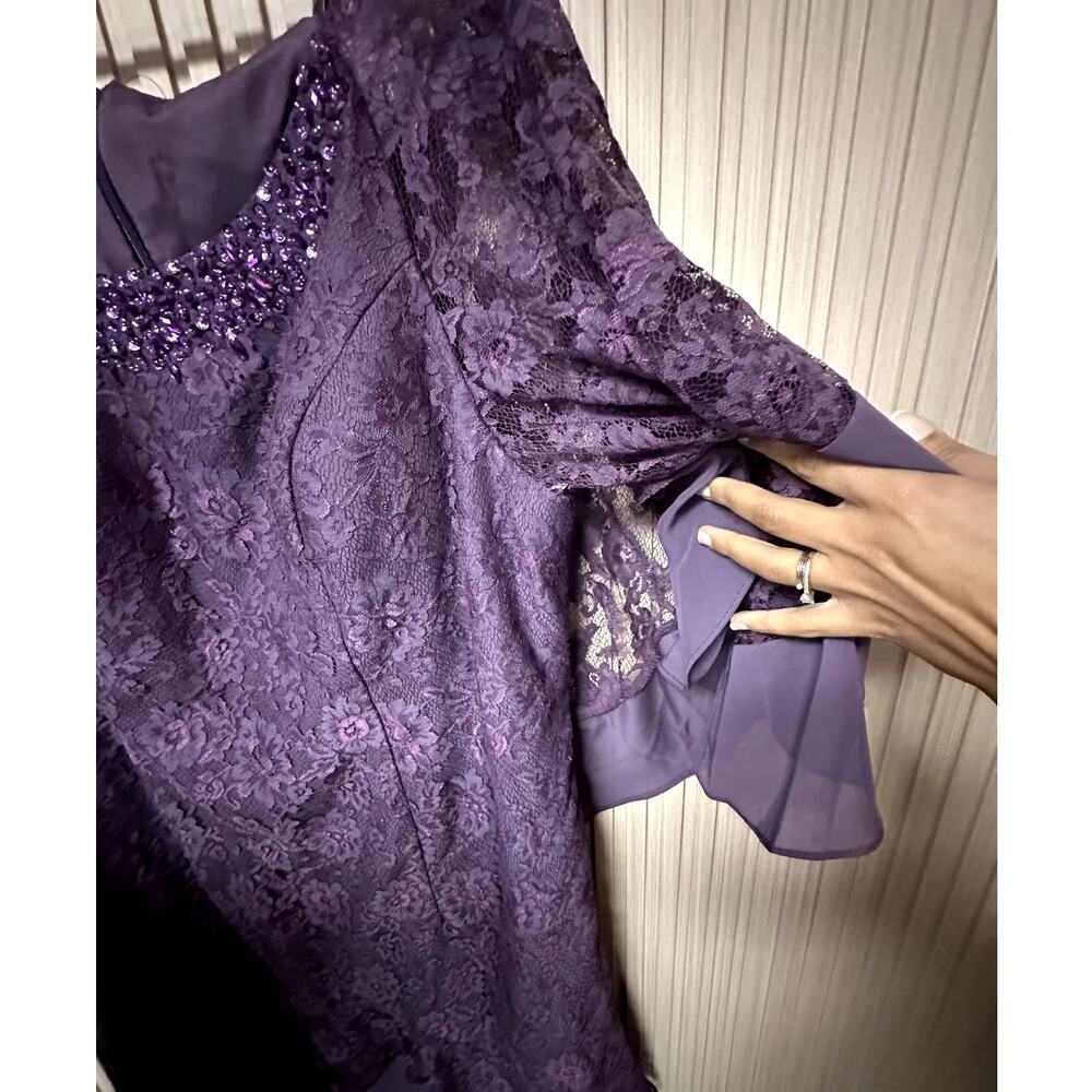 JJ's House Plum Chiffon Lace Cape Mermaid Dress with Sequins Beading Size 20W - Picture 9 of 10